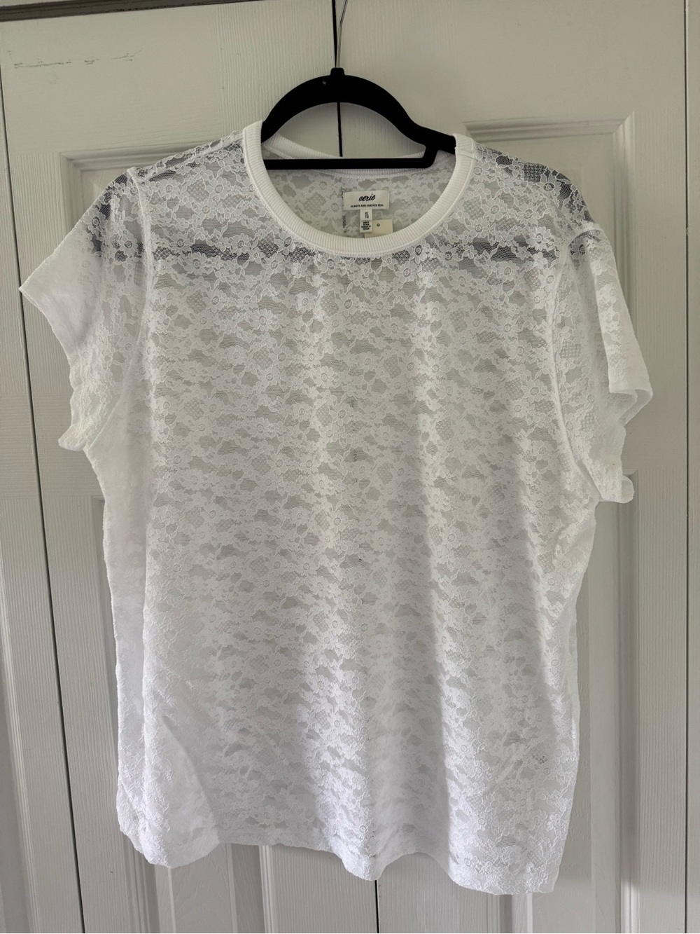 aerie White Sheer Lace Short Sleeve Tee